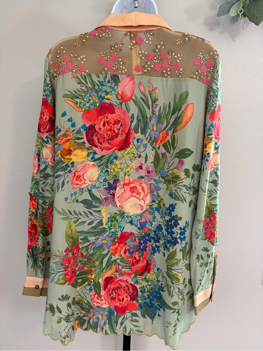 NWOT Aratta Silent Journey Sage Green Floral Button-Down Shirt with Peach Collar